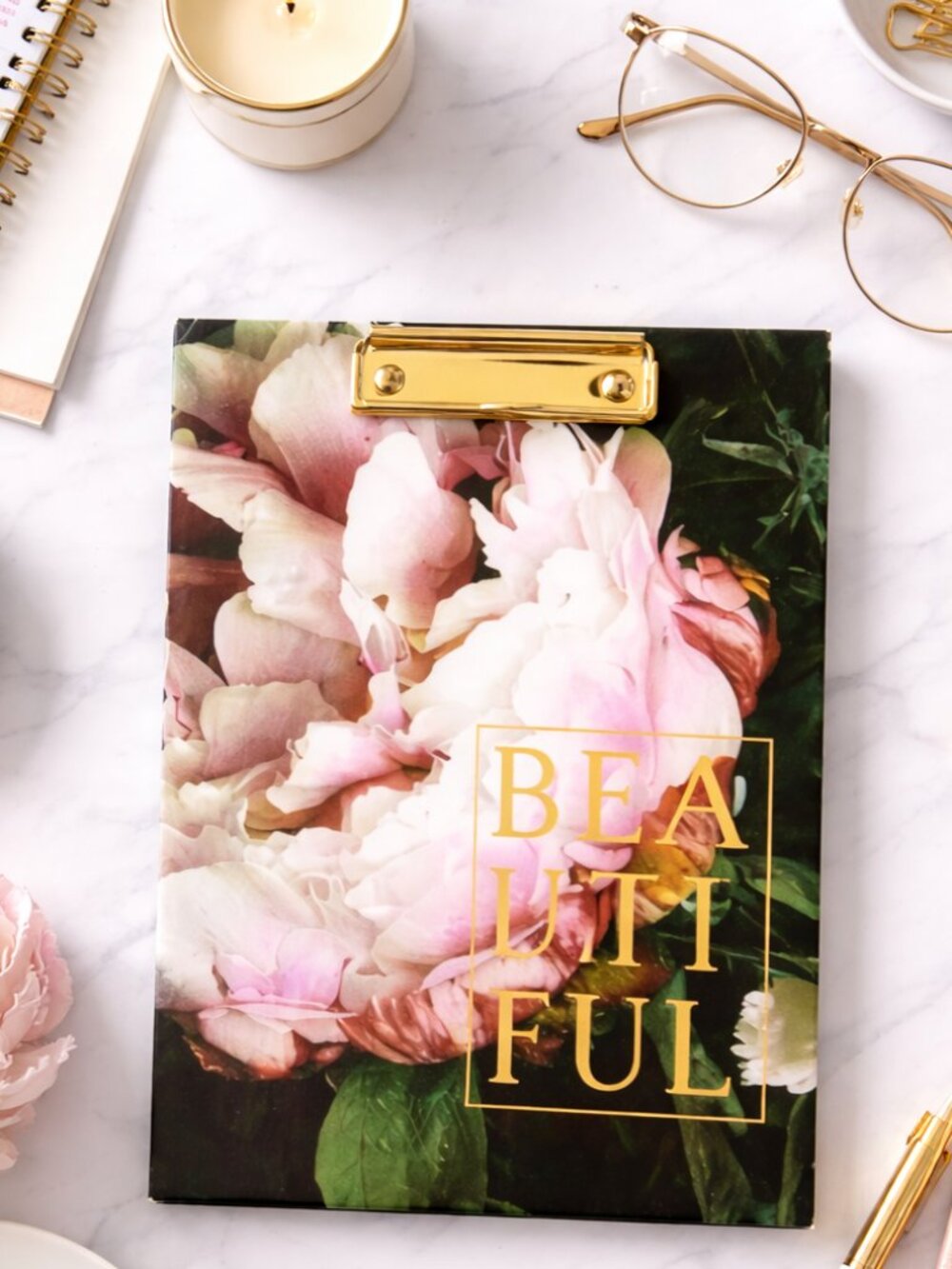 Beautiful Floral Clipboard Notebook Gold Desk Journal Peony Office Decor